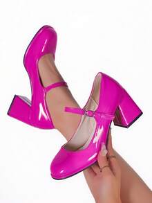Elegant Women's High Heels, Fuchsia Glossy PU, Comfortable And Soft Lining, Chunky Heel, Square Toe, Suitable For Balls, Banquets, Parties, Weddings, And Everyday Outings. - 玫紅色 - 查看 6