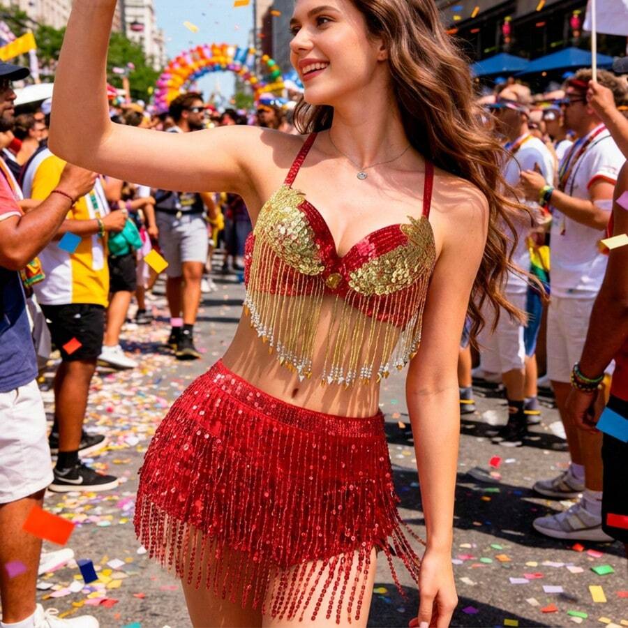 两件套亮片服装套装和流苏裙，性感闪亮肚皮舞表演服，配有可调节腰带，适合夜总会派对、嘉年华舞台表演，复古波西米亚风格 - 紅色 - 查看 1