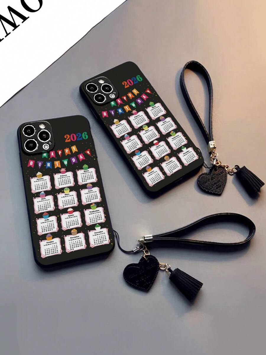 1 chiếc ốp lưng điện thoại in hình lịch năm 2026, dày dặn, chống sốc, có lỗ đục sẵn, kèm phụ kiện trang trí: Dây đeo cổ tay hình trái tim bằng da mới, mặt dây chuyền tự làm cho ốp lưng điện thoại, dây đeo cổ tay ngắn, mặt dây chuyền, tương thích với iPhone 17pro/17Air/17/17promax/16/11/16pro/16plus/16promax/16e/15Promax/13/14/12/XS/XR/7G/8P, Galaxy, Redmi - Nhiều màu - Xem 1