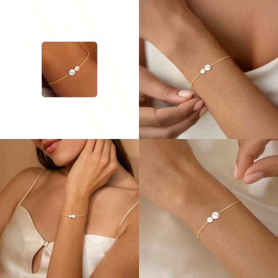 Pearl Bracelets For Women 14K Gold Plated Pearl Bracelet Dainty Pearls Gold Link Chain Bracelets Waterproof Jewelry Birthday Gifts For Women - Kiểu 1 - Xem 1