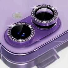 Protetor de Lente de Câmera em Vidro Temperado 9H com Anel Decorativo de Metal Brilhante (Roxo Cristal) Compatível com iPhone 11-15 Pro Max, Presente Ideal para Família e Amigos, Cristal Brilhante, Protetor de Lente, Acessórios para Celular, Proteção Completa Contra Água, Choques, Quedas, Arranhões e Impressões Digitais - Roxa - Ver 14
