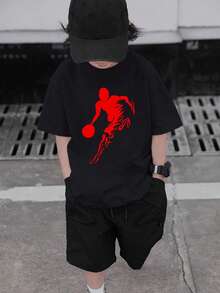 Camiseta de cuello redondo de manga corta con estampado informal para niños preadolescentes, top de verano - Negro - Ver 7