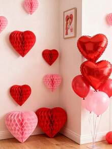 Four/Set - 6-Inch 15cm Valentine's Day Honeycomb Red Heart, Valentine's Day-Shaped Paper Honeycomb Ball, Valentine's Day Party Decoration Honeycomb Ball, Suitable For Holidays, Shopping Malls, Families, Offices, Love Decoration, Pink And Red Paper Heart-Shaped Honeycomb, Suitable For Valentine's Day, Wedding Party Decoration, Birthday Party Decoration - 紅色 - 查看 4