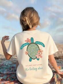 Tween Girls Casual Printed Round Neck Short Sleeve T-Shirt, Summer Top - Apricot - View 8