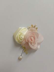 1pc Unisex Aesthetic Camellia Corsage Brooch With Cream White Rose And Gold Leaf Mori Style Beads, Suitable For Parents, Groom, Bride, Groomsman, Bridesmaid, Wedding Decoration, Evening Party, Ball, Party, Event, Cocktail, Gathering, Valentine's Day - 739 - Milky White + Pink - View 1