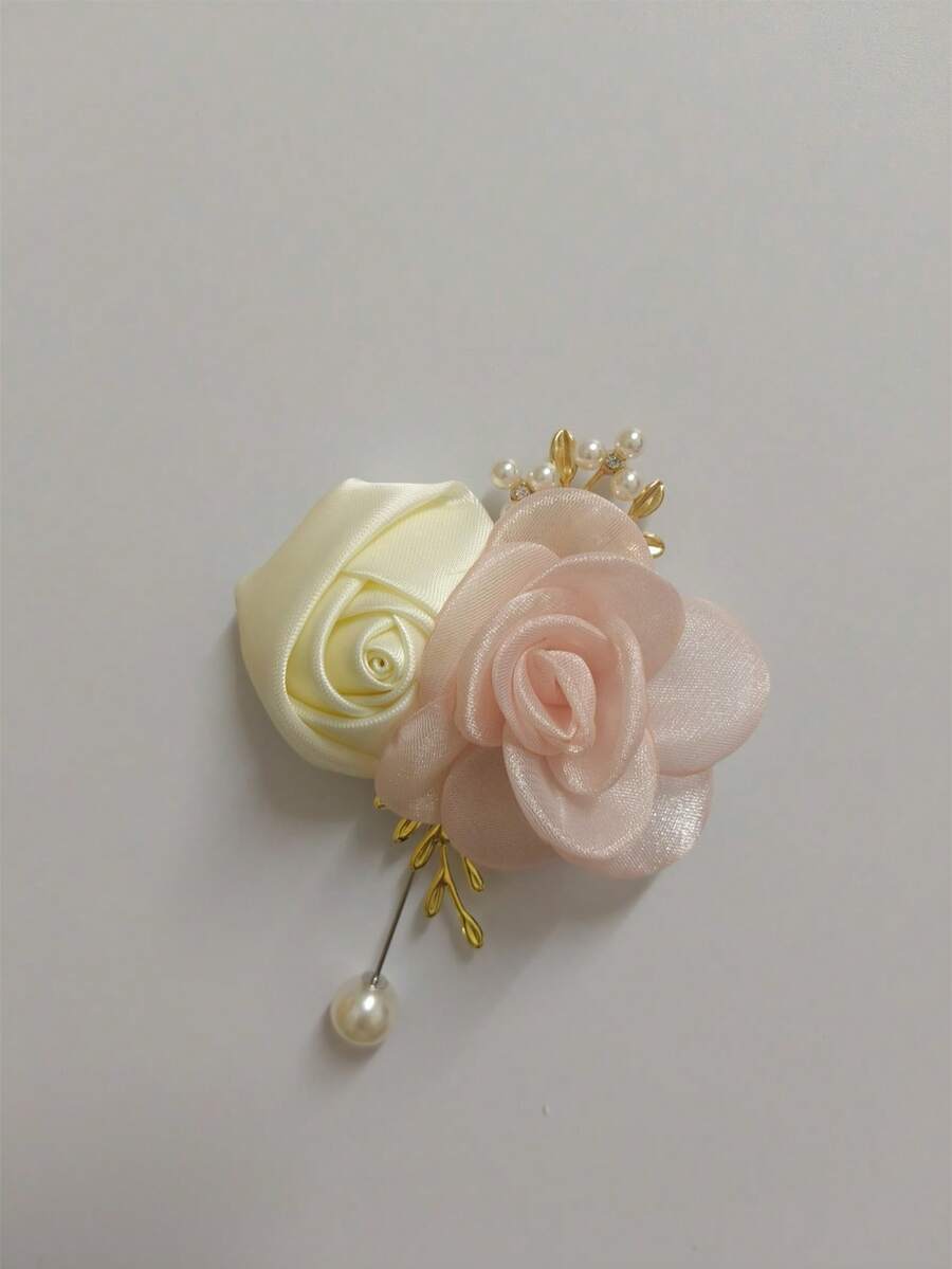 1pc Unisex Aesthetic Camellia Corsage Brooch With Cream White Rose And Gold Leaf Mori Style Beads, Suitable For Parents, Groom, Bride, Groomsman, Bridesmaid, Wedding Decoration, Evening Party, Ball, Party, Event, Cocktail, Gathering, Valentine's Day - 739 - Milky White + Pink - View 1