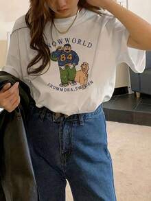 日系女式宽松休闲复古卡通人物字母印花短袖T恤，春夏款 - 白色 - 查看 2