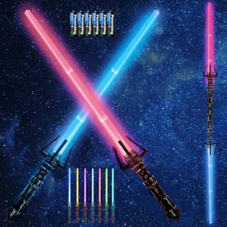 JCH-Sable de Luz para Niños 2 en 1 7 Colores 2pcs Espadas Laser de Luz con Sonido y Sonido de Percusión Conjunto Expandible RGB LED Sable Luz con Baterías para Niños de 3+Años Regalo para Navidad - como en la foto - Ver 1