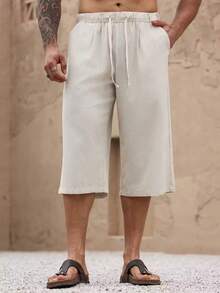Men's Solid Color Minimalist Linen Capri Pants, Suitable For Beach, Vacation, Beach Party Style - Beige - View 6