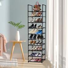 [10-Tier Large-Capacity Slim Shoe Rack]24.5*12*60 Inches Holds 30 Pairs Reinforced Metal Tubes Waterproof Non-Woven Fabric Tool-Free DIY Combination Fits Boots & Heels Ideal For Closet Entryway Dorm Built-In Handle Easy To Move - màu đen - Xem 3