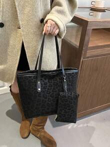2pcs Large Capacity Leopard Print Faux Leather Tote Bag, With Dual Handles, Ideal For Commuting, Work Or School.,Business Professional Women - Black - View 6