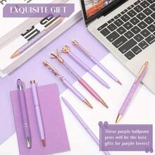 8pcs/Set Metal Crystal Diamond Glitter Ballpoint Pen Set, Black Ink, Women's Birthday Gift, Elegant Stationery, Home/Office Desk Supplies, Purple - Purple - View 5