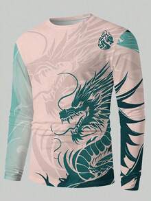 Men's Long Sleeve T-Shirt With Majestic Azure Dragon And Auspicious Clouds Design Print Casual Top - [多色的] - 查看 3