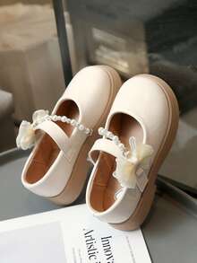 春秋新款可爱蝴蝶结女童鞋，舒适轻便防滑儿童真皮鞋 - 米色 - 查看 5