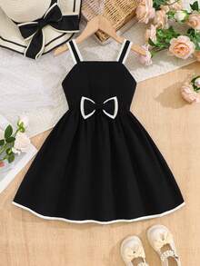 Girls' Summer Spaghetti Strap Dress With Bow, Contrast White Trim, A-Line Waist, Casual & Party Wear - Black - View 1