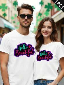 Camiseta "Hola Hermosa Pareja" confeccionada en algodón de primera calidad, cuello redondo, corte relajado, cómoda, diseño gráfico, nuevo lanzamiento - MujerBlanco-1PC - Ver 1