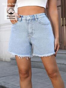 Quần short denim ống đứng màu xanh dương, viền rách, phong cách thường ngày, dễ phối đồ cho nữ cỡ lớn mùa xuân/hè. - Màu xanh lam - Xem 6