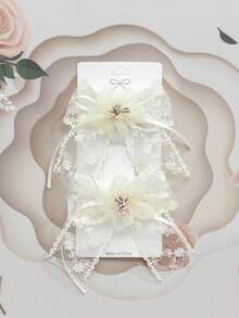 2pcs Flower Lace Bow Hair Clips Set, Suitable For Soft Girl & Elegant Style - Beige - View 1