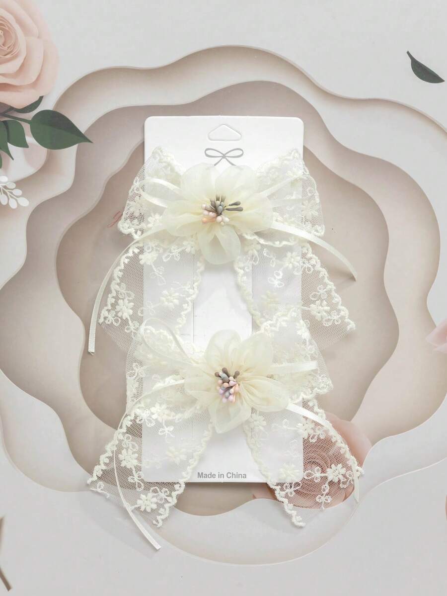 2pcs Flower Lace Bow Hair Clips Set, Suitable For Soft Girl & Elegant Style - Beige - View 1