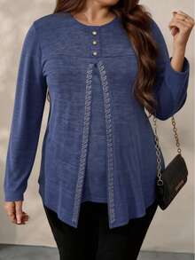 Plus Size Women Casual Rhinestone Embellished Top, Elegant Versatile Round Neck Long Sleeve Top, Suitable For Daily Wear, Spring/Summer - Purple - View 5