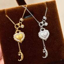 1pc New Luxury Mythical Heart Moon & Detachable Heart Pendant Necklace, Eid Mubarak - Multicolor - View 1