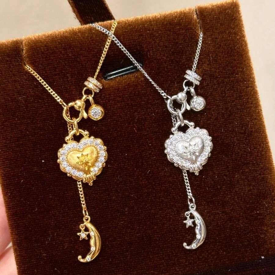1pc New Luxury Mythical Heart Moon & Detachable Heart Pendant Necklace, Eid Mubarak - Multicolor - View 1