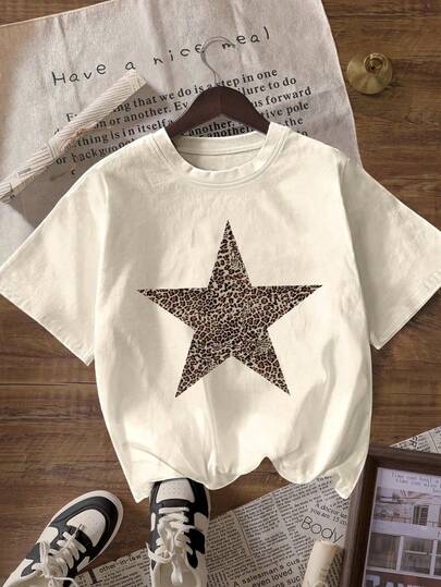 Camiseta de manga corta con cuello redondo estampada con estampado de leopardo y estrella para mujer