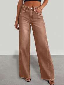 Women's Spring Fall Fashion Wide Leg Jeans High Waist Elastic Loose Frayed Edge Denim Wide Leg Pants With Pockets - 棕色 - 查看 1