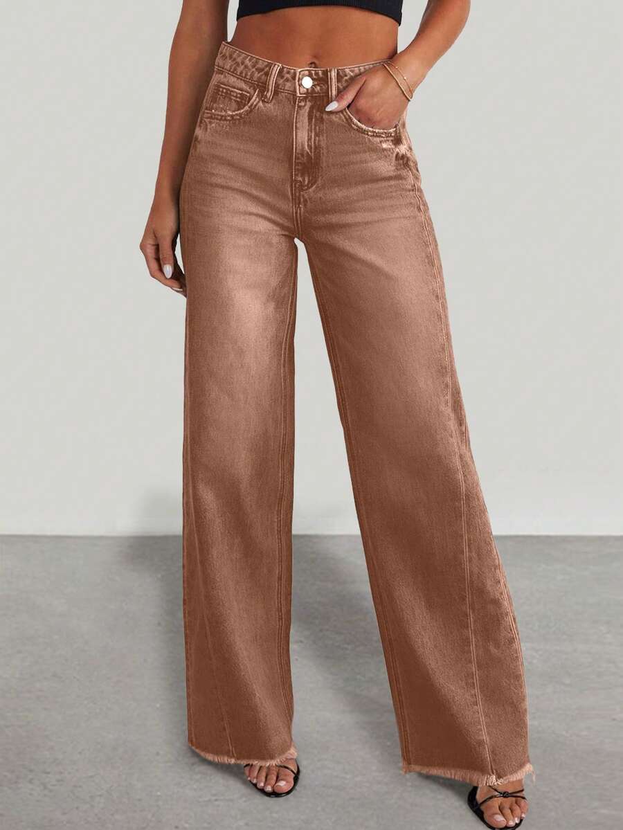 Women's Spring Fall Fashion Wide Leg Jeans High Waist Elastic Loose Frayed Edge Denim Wide Leg Pants With Pockets - 棕色 - 查看 1