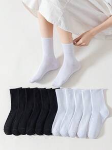 10 双/套女士黑白条纹及膝袜，透气、吸湿排汗、防臭