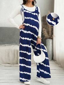 可调节蓝色波浪不对称孕妇连体裤，适合度假夏季穿着 - 藍色 - 查看 11