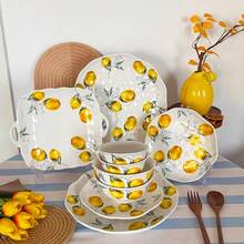 1 Or 2 Pcs Yellow Lemon Pattern Ceramic Dinnerware Set, Including Rice Bowl, Cereal Bowl, Fruit Bowl, Salad Plate, Steak Plate, Large Capacity Cup, Milk Cup, Microwave & Dishwasher