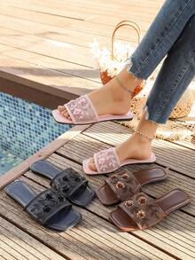 2026 New Fashion Women Square Toe Pink Open Toe Flat Sandals, Mesh Breathable, Handmade Beaded & 3D Sequin Flower Decor Outdoor Slippers - Pink - View 5