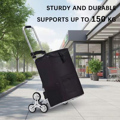 SAEIV Aluminum Shopping Trolley, Stair Climber - Foldable Shopping Cart - Cooler Compartment - Height-Adjustable Handle - Black