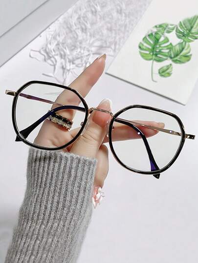 一副简约方形和圆形透明镜片眼镜，时尚双色拼接，轻便装饰眼镜，适合日常、休闲、上学、通勤，也是情人节礼物的理想之选。