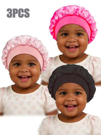 3pcs Kids Bonnet With Wide Brim, Elastic & Silky Spandex Fabric, Fashionable & Comfortable Sleep Cap For Daily Use, Hair Accessory