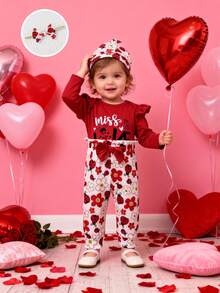 Bộ quần áo 4 món cho bé gái, gồm áo liền quần dài tay in hình bọ rùa và chữ cái đáng yêu, quần ống rộng có nơ xếp ly, băng đô và mũ, thích hợp cho các hoạt động ngoài trời, ngày Valentine, món quà lý tưởng cho bé gái. - Đỏ - Xem 3