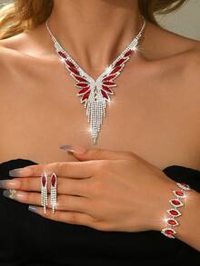 3pcs/4pcs/5pcs/Set Luxury Bridal Full Crystal Jewelry Set, Including Necklace And Earrings, Red,Silver, Green, Black (Multiple Choices) - Silver - View 9