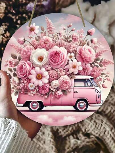 1件情人节复古花环木质标牌 - 粉色卡车和花卉图案，粉色情人节木质风格，适合家居、俱乐部、酒吧、情人节装饰、房间装饰、墙面装饰、生日毕业礼物