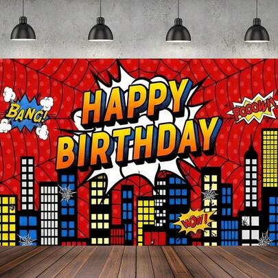 Un décor de fond pour fête d'anniversaire, fond de joyeux anniversaire avec super-héros araignée, bannière de photo de fête à thème de bandes dessinées rouges et bleues, décoration architecturale de paysage urbain. Parfait pour les décorations de fête d'anniversaire, la maison, le jardin et les décorations de salle de séjour.