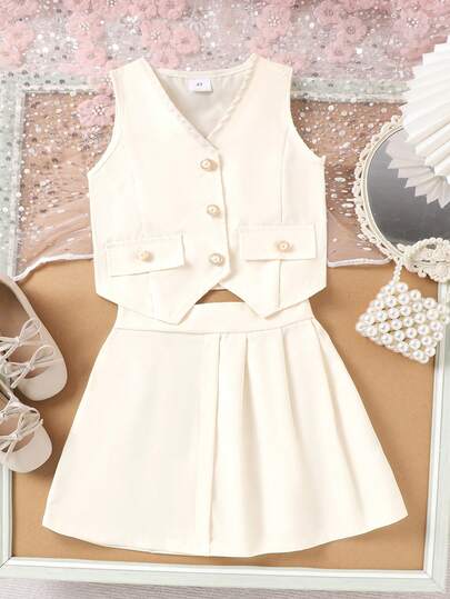 2pcs/Set Toddler Girls' Sweet Elegant Solid Color Faux Pocket Sleeveless Top And Skirt Set, Summer