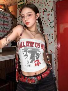 Women's Strapless Bandeau Top, New Summer Design With Portrait Graphic And Letter Print, Fashionable Casual Backless Cropped Camisole - White - View 1