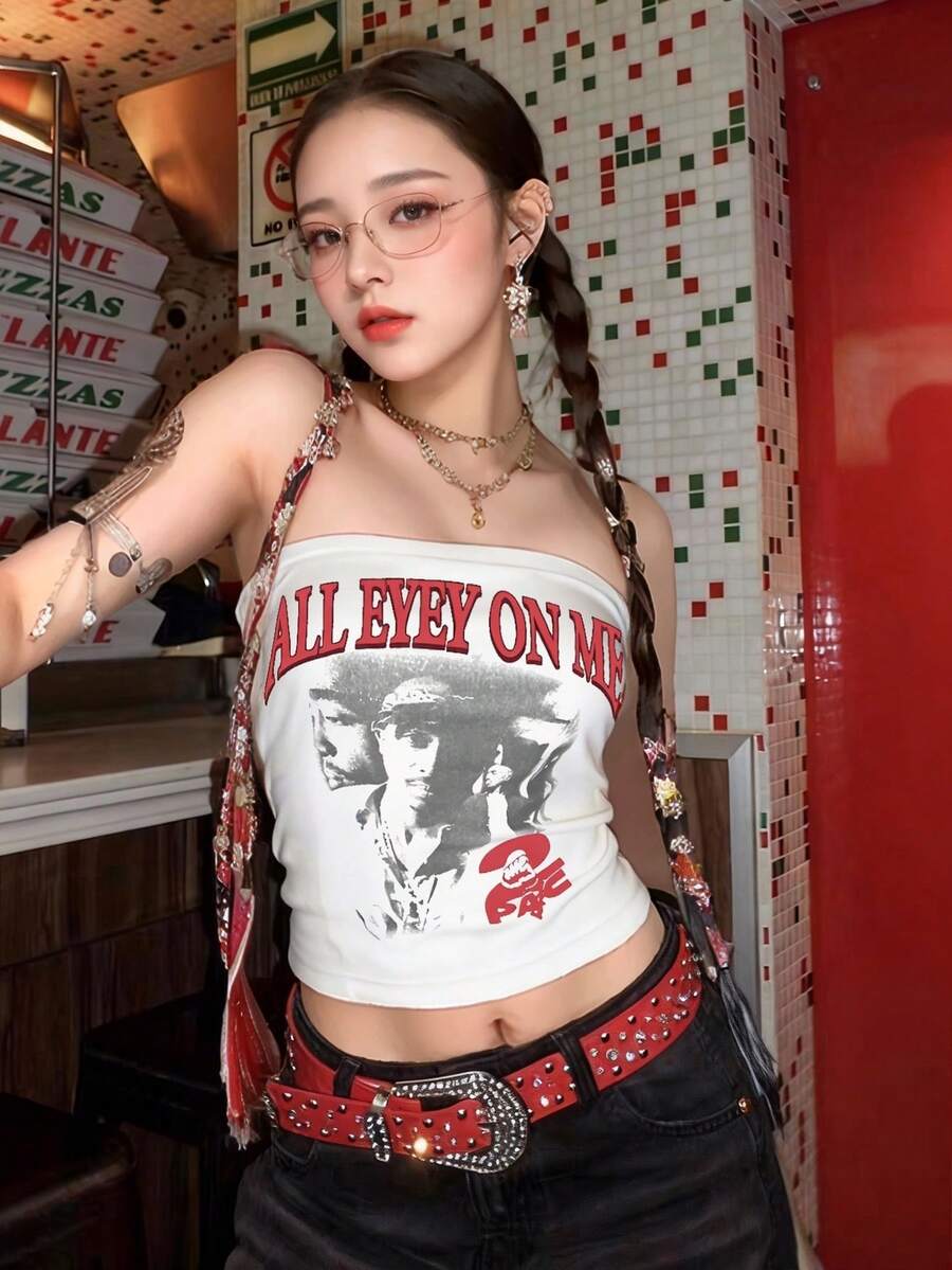 Women's Strapless Bandeau Top, New Summer Design With Portrait Graphic And Letter Print, Fashionable Casual Backless Cropped Camisole - White - View 1