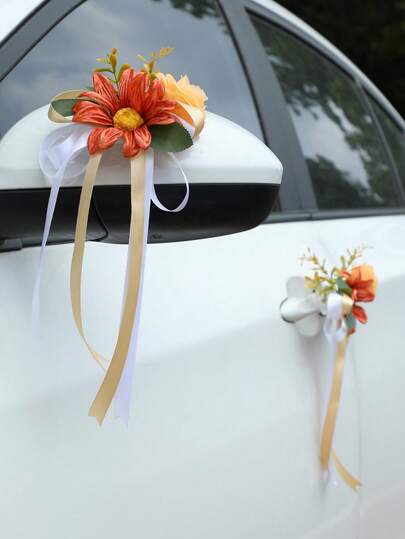 婚车后视镜装饰花、门把手装饰花、尤加利椅背装饰花、人造玫瑰竹椅装饰花、婚礼走廊装饰花、婚车装饰花