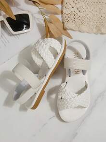 儿童时尚户外凉鞋，夏季方头平底鞋，系带凉鞋，新款女童鞋，时尚沙滩拖鞋 - 白色 - 查看 6