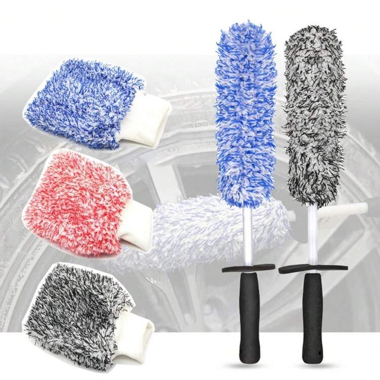 Woolies cepillo de limpieza de ruedas de coche de felpa, largo, lavado de neumáticos suaves, cepillos de detalles, cuidado de mantenimiento de motocicleta automática, herramienta de limpieza KTH5 - Guantes negros - Añade 1