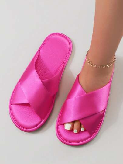 Elegant & Comfortable Satin Criss-Cross Slip-On Slippers For Women, Suitable For Indoor & Outdoor Wear