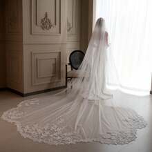 1pc Bridal Veil With Lace Trim And Wavy Edge, Extra Large Trailing Length, Long Wedding Photography Soft Tulle Bridal Accessory