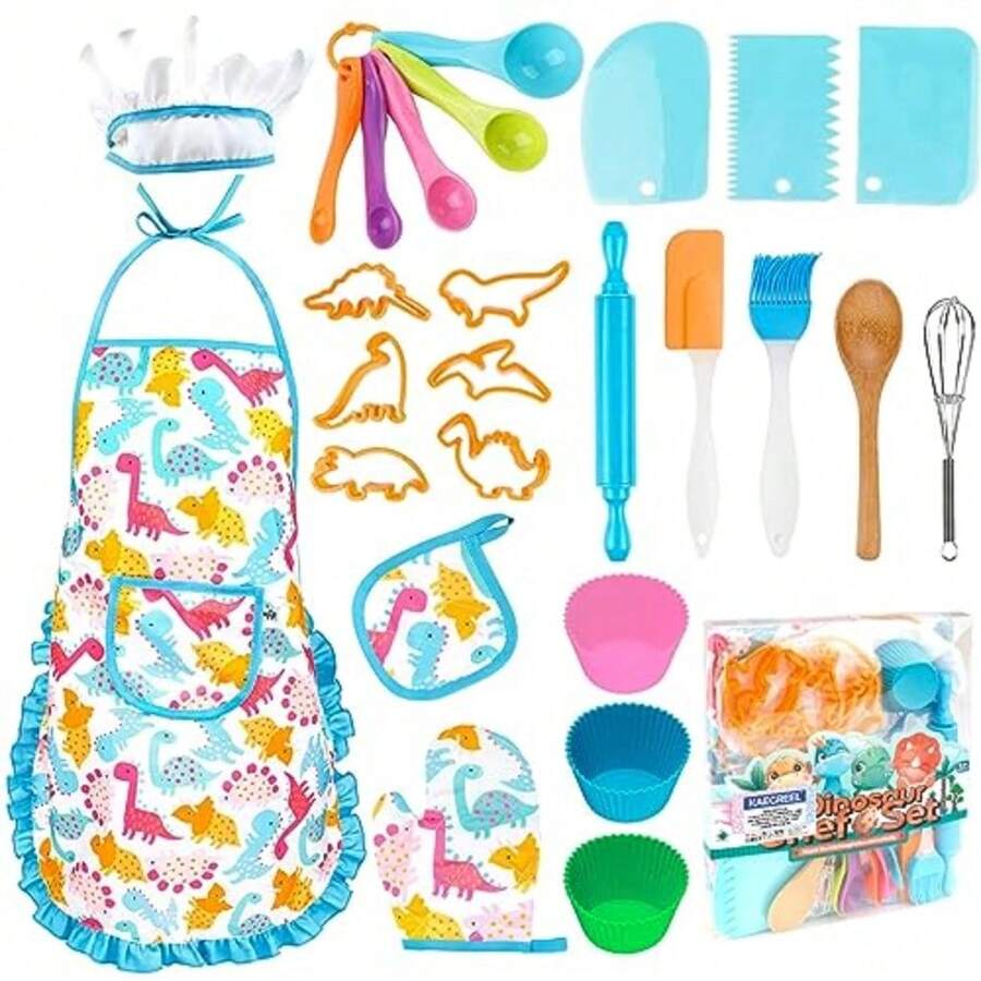 JCH-Juego de Cocina y Horneado para Niños Traje de Chef Dinosaurio con Delantales para niños Gorro de Cocinero Guantes Regalo Ideal de cumpleaños y Navidad Regalo para Navidad y Cumpleaños 26 PCS - Rosa - Ver 1
