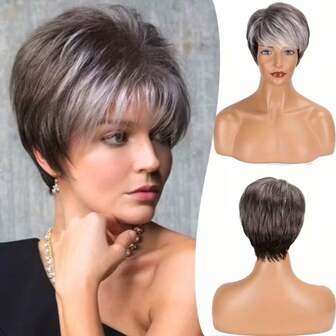 Peluca sintética de cabello corto gris de estilo elfo con flequillo y raíces oscuras, con capas suaves, adecuada para vestimenta diaria y diversas ocasiones